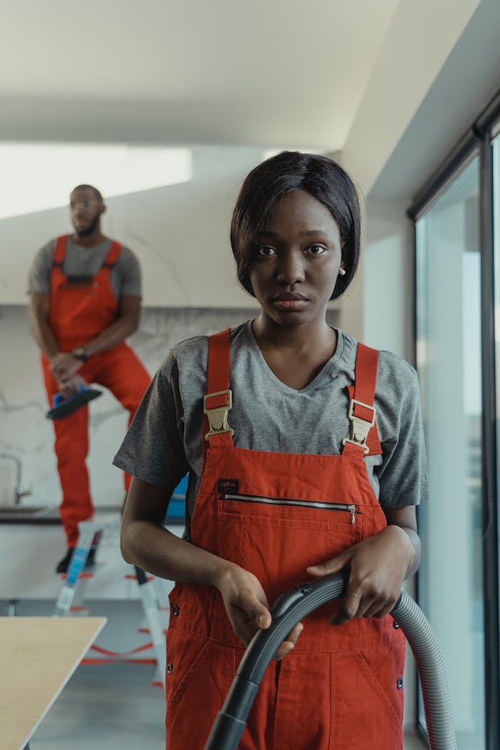 Focused cleaning team in red overalls using vacuum indoors. Modern and efficient service.